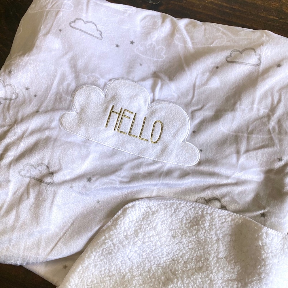 Just Born Hello Baby Blanket‎ White Gray Cloud Star Sherpa Plush 30x40